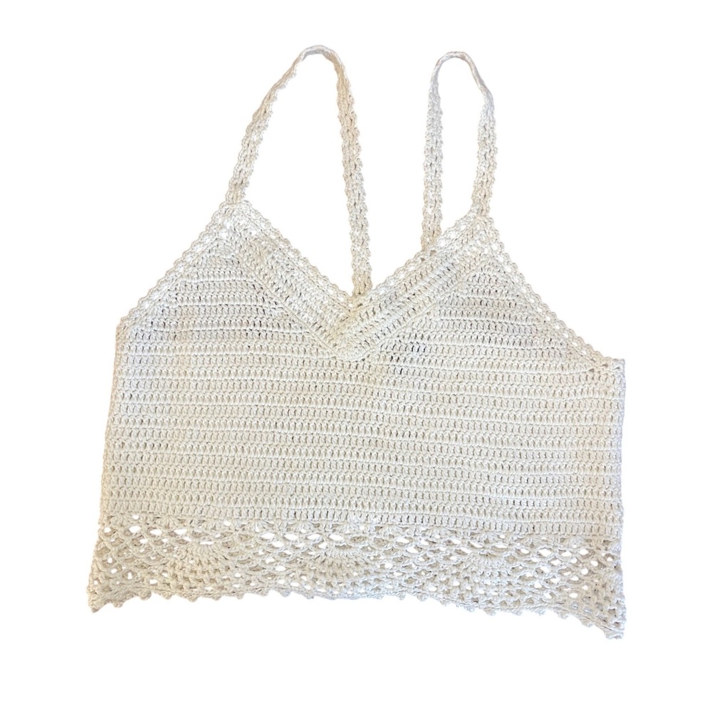 Honey Pot White Crochet Crop Top Womens Medium Cotton Boho V-Neck‎ PKW2245
